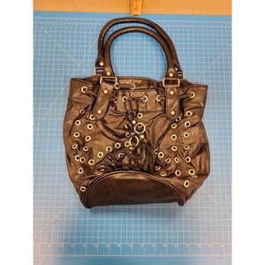 Nadara Black Faux Leather Purse Handbag Tote Bag Studded Fringe Detail Fashion